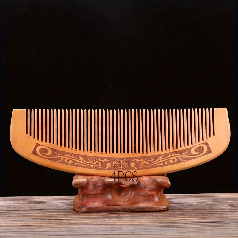 4 large carved peach wood combs, thickened wooden combs suitable for curly hair combs, massage combs, anti-static sandalwood hair combs (16. 5cm\u002F6. 5 inches)