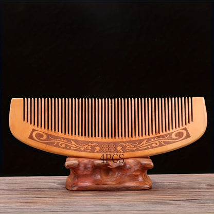 4 large carved peach wood combs, thickened wooden combs suitable for curly hair combs, massage combs, anti-static sandalwood hair combs (16. 5cm\u002F6. 5 inches)